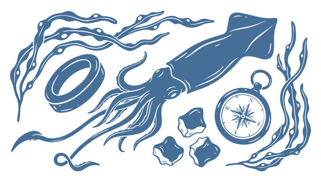 Nautical inspired hand drawn blue squid, compass, and seaweed vintage ocean adventure illustration set.