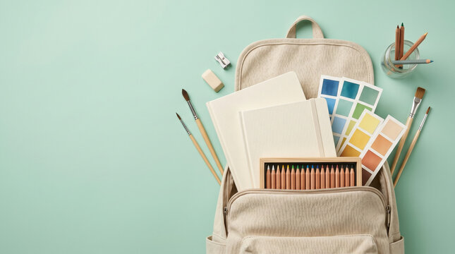 Open canvas backpack with notebooks and watercolor art supplies flat lay on mint background for back to school educational retail campaigns