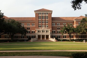 Naklejka premium Florida State University building exterior. Historic brick architecture with tiled roof and arched entrance. Green lawn and trees surround the campus structure.