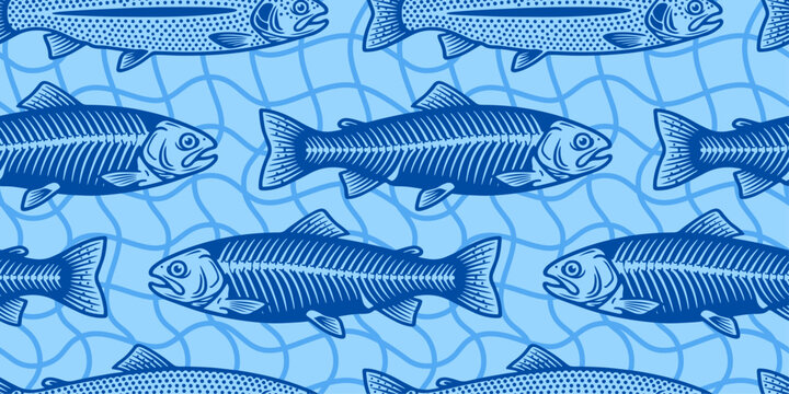 Fish Seamless Pattern - Blue Monochrome Aquatic Graphic Design
