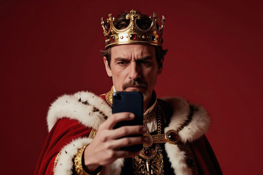 Man in king costume takes selfie with smartphone. He wears crown and robe with fur trim. Holds phone to capture own image for social media post.