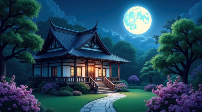 Traditional Japanese house in a peaceful garden under a bright full moon at night with blooming purple flowers