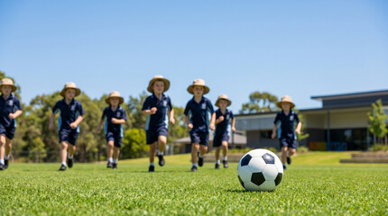 Obraz premium Soccer ball on green turf with blurred students running to support back to school physical education and youth summer sports campaigns