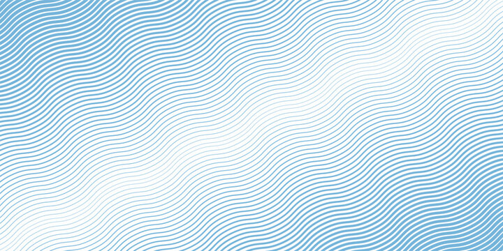 Blue wave texture gradient. Fading curved linear halftone gradation. Wavy water lines pattern wallpaper. Thin to thick undulate stripes background for overlay, print, cover, graphic design. Vector