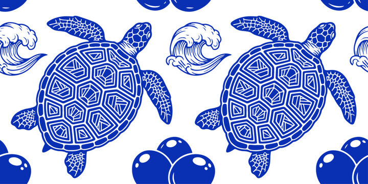Sea turtles and ocean waves seamless pattern with blue and white background