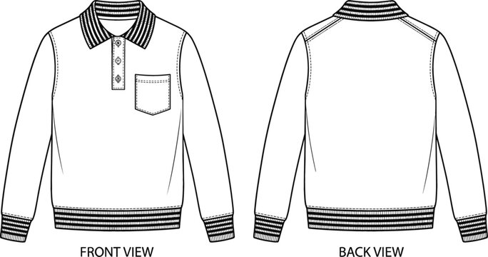 Long sleeve polo shirt vector template with button placket front pocket ribbed collar and waistband details showing front and back views