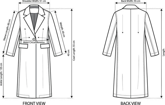 Long winter coat fashion technical flat sketch template vector design with front and back view apparel measurement guide outline illustration