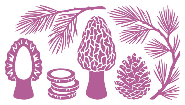 Purple forest elements illustration, featuring morel mushroom, pine branches, pinecone, and sliced logs