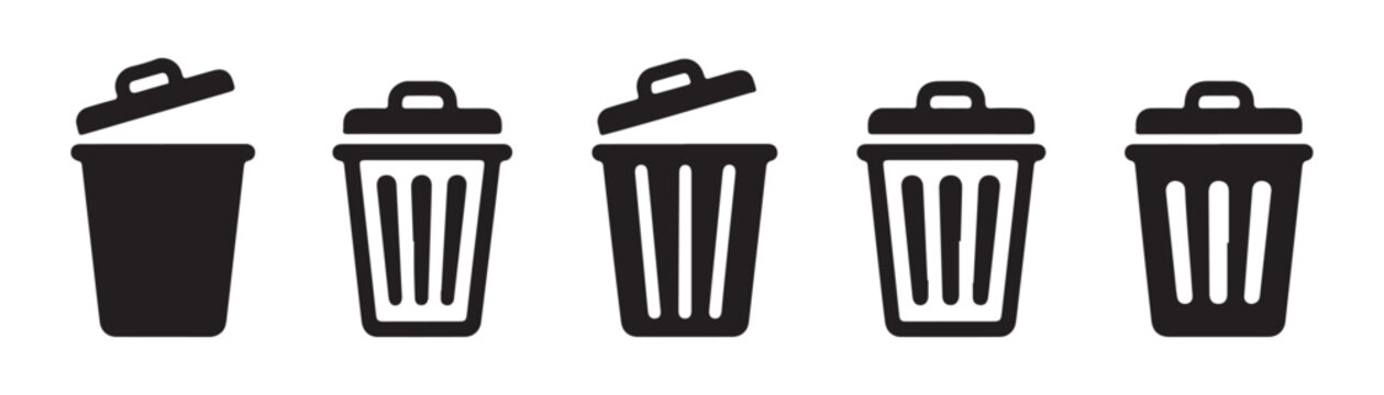 Set of five black trash can icons showing different designs for waste management and deletion functionality.