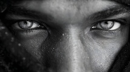 Naklejka premium Intense eyes of a man closeup black and white portrait looking at camera with face covered by dark scarf bedouin warrior look
