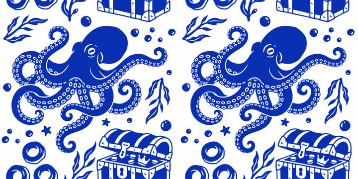 Octopus treasure seamless pattern with ocean elements on white background for kids design