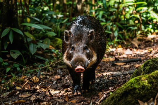 Wild collared peccary walks in dense green rainforest. Close-up animal face with pink snout on forest floor amongst leaves and mossy rocks. This mammal inhabits tropical jungles.
