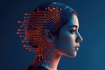 Obraz na płótnie Canvas Woman with circuit board patterns on her head and neck represents artificial intelligence concept. Digital mind and technology idea visualized. Future tech and brain interface metaphor.