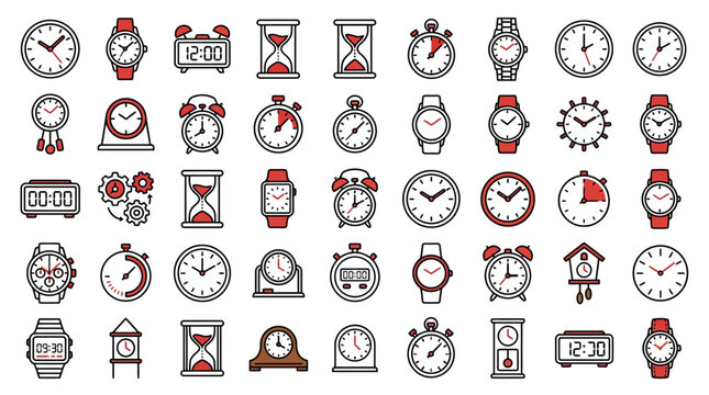 Collection of Various Clocks and Timekeeping Devices Icons