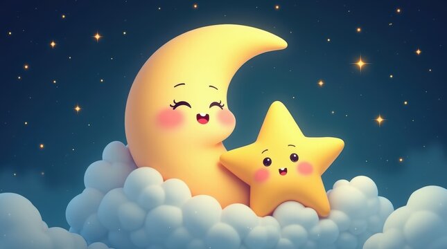 Cute cartoon crescent moon and happy star character sitting on fluffy clouds in the night sky with glowing stars