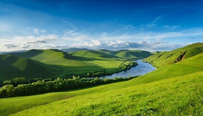 Obraz premium bright and cheerful landscape with river and green hills