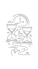 Obraz premium Whimsical travel journey illustration with hourglasses, compass, and winding path.