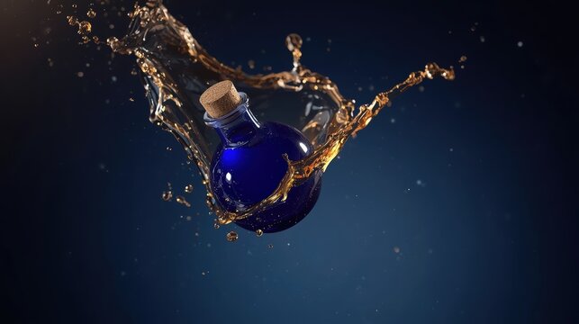 Small round blue glass bottle with a cork stopper and a splash of brown liquid on a dark background