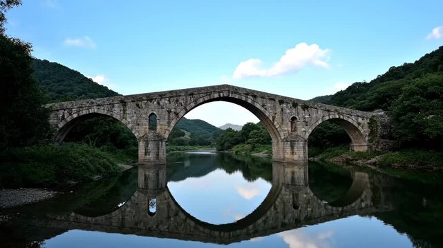 The ancient bridge spans the natural scenery of the river, and the ancient bridge spans the reflection of the river