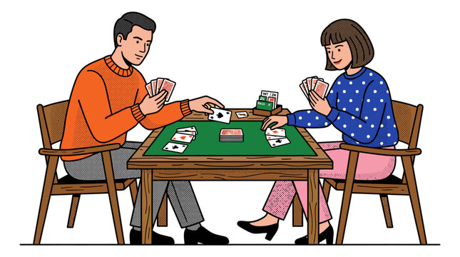Couple playing cards game at table, leisure activity, indoor fun, illustration