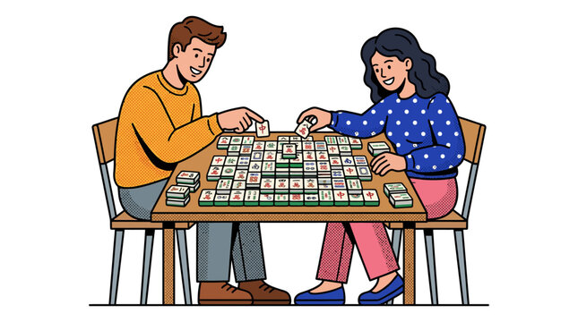 Couple playing Mahjong game on table, enjoying board game leisure time at home
