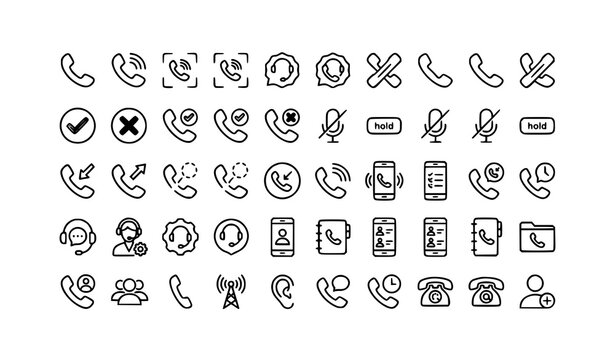 Phone handset and call symbols thin line editable stroke vector icon pack