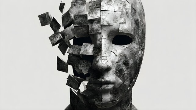 Textured metallic human mask shattering into square blocks and fragments isolated on clean neutral background with copy space