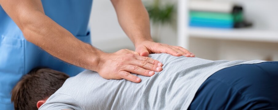 Close up therapist hands gently manipulating a patient's spine