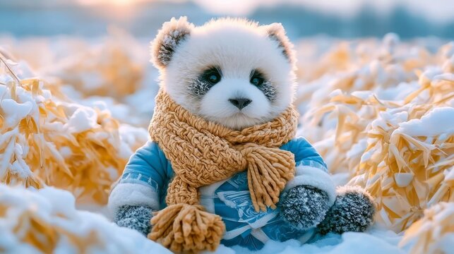 Cute Fluffy Panda Sitting in Snowy Bamboo Field Wearing Traditional Scarf and Cozy Outfit