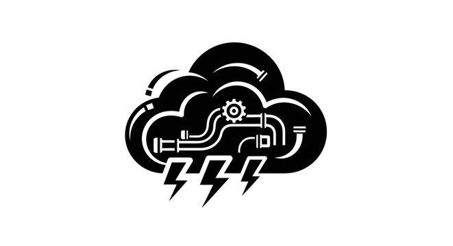 Cloud computing infrastructure icon with data network, digital technology, gears, and power symbols on white background