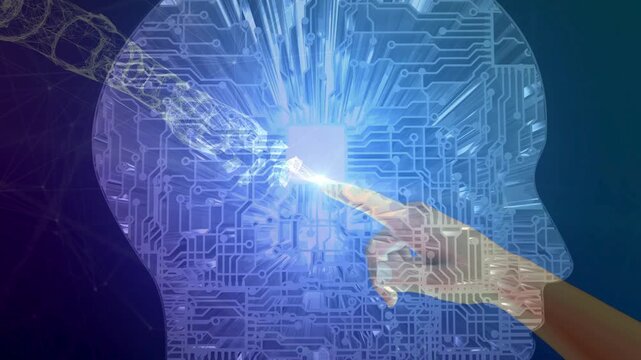 A human finger touching a robotic hand inside a transparent human head silhouette filled with blue circuit boards and fiber optics, showing AI human-robot interaction concept.