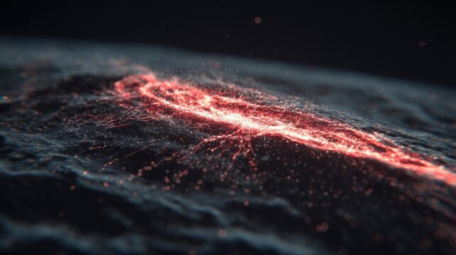 Glowing particulate matter streams across a dark, textured surface representing celestial or digital activity