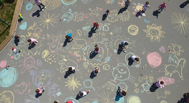 Overhead view of children playing on colorful chalk drawings on pavement, showcasing outdoor creativity and fun.