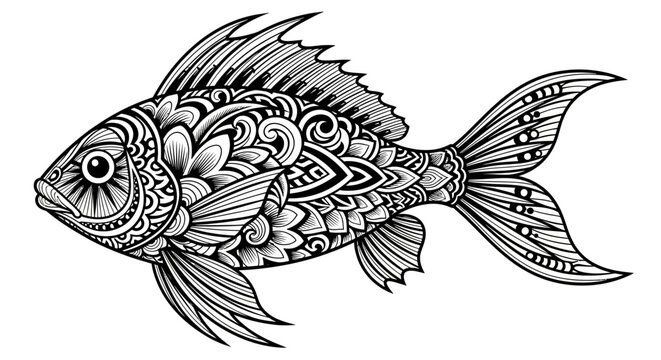 Intricate Ornamental Fish Illustration with Zentangle Floral Patterns. Detailed Black and White Aquatic Animal Line Art Design.