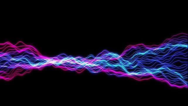 Neon pink and blue audio waves flowing across dark background with futuristic energy motion and vibrant digital sound animation.