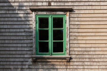 Obraz premium Old house exterior wall features grey wood shingles and a vibrant green multi pane window frame. Natural wood siding shows weathered texture and detail.