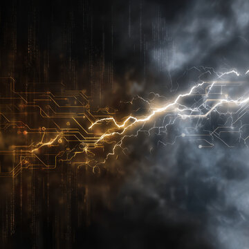 Abstract circuit board lightning background with dark cloud and glowing electric line