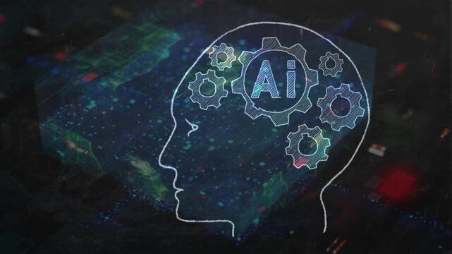 Futuristic chalk-style human head profile with moving gears and AI text inside, overlaid on deep digital cyber grid matrix for artificial intelligence and machine learning concept.