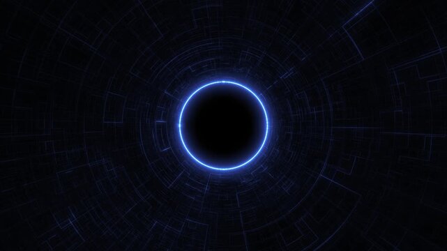 Futuristic blue glowing portal ring surrounded by digital circuitry patterns with sci fi energy motion and cyber technology animation.
