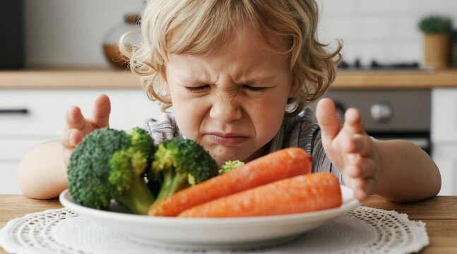 Young child rejects plate of broccoli and carrots. Kid makes disgusted face at vegetables. Picky eater refuses healthy food. Mealtime struggle at home.