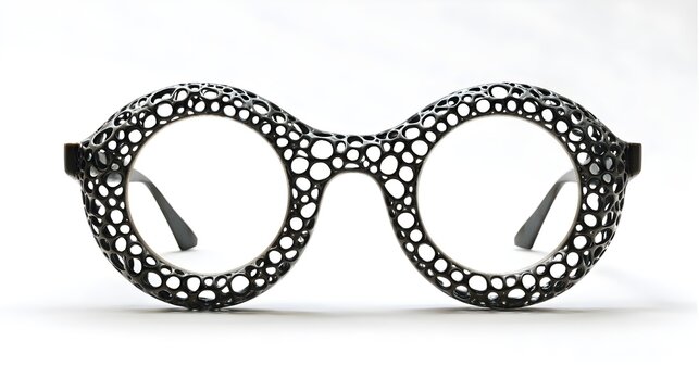Futuristic 3D printed round glasses frame with black mesh voronoi pattern, avant-garde eyewear product on white background