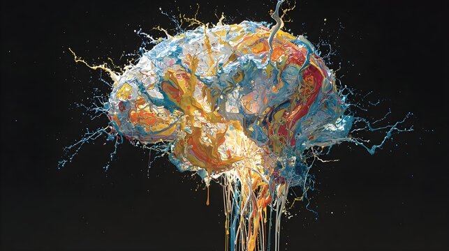 Human brain shaped dynamic paint splash conceptual illustration, colorful acrylic liquid exploding on dark black background