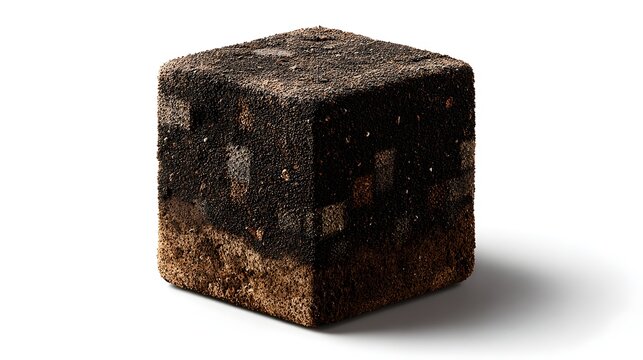 Photorealistic Minecraft Soul Sand Block Isolated on White Background, Dark Brown Gritty Nether Soil Cube for Gaming and Fantasy Concept Art
