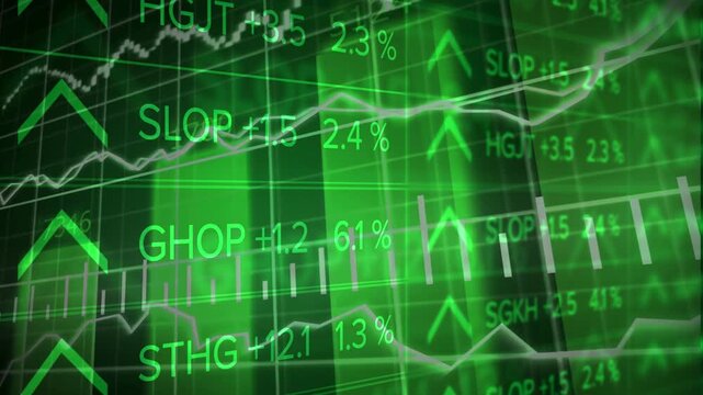 Green stock market ticker board display with rising arrows and chart numbers, illustrating financial growth, investment success, and bullish trading trends.