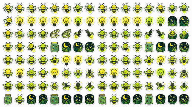 Cute Firefly and Lightbulb Vector Icons Set