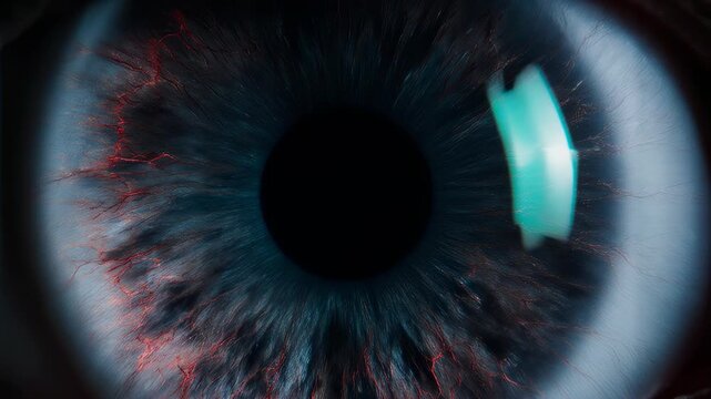 Extreme close-up macro shot of a human eye with detailed iris and blood vessels, slow zoom out, symbolizing perception, consciousness, and vision