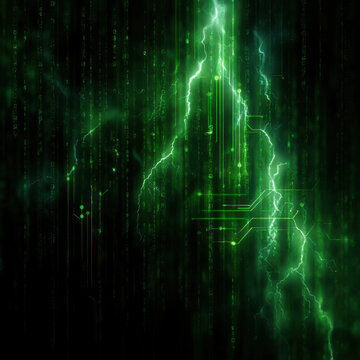 Abstract green digital matrix background with electric lightning and circuit line, glowing futuristic technology pattern