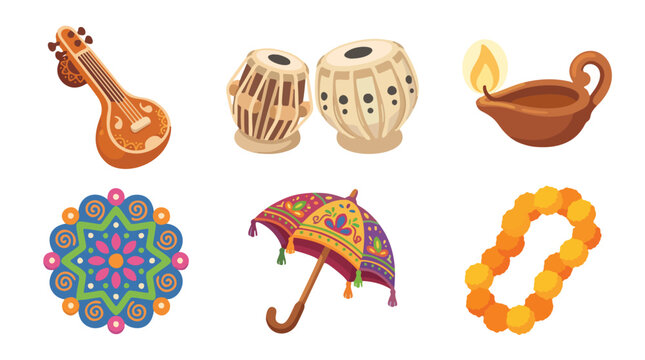 Cute cartoon indian culture and traditional festival elements icon set vector illustration