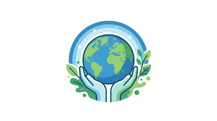 Fototapeta premium Hands Holding Planet Earth with Green Leaves and Rainbow Arch