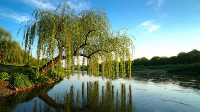 Weeping willow natural scenery by the river, weeping willow reflecting landscape by the river